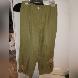 Cottage core linen pants with floral embroidery